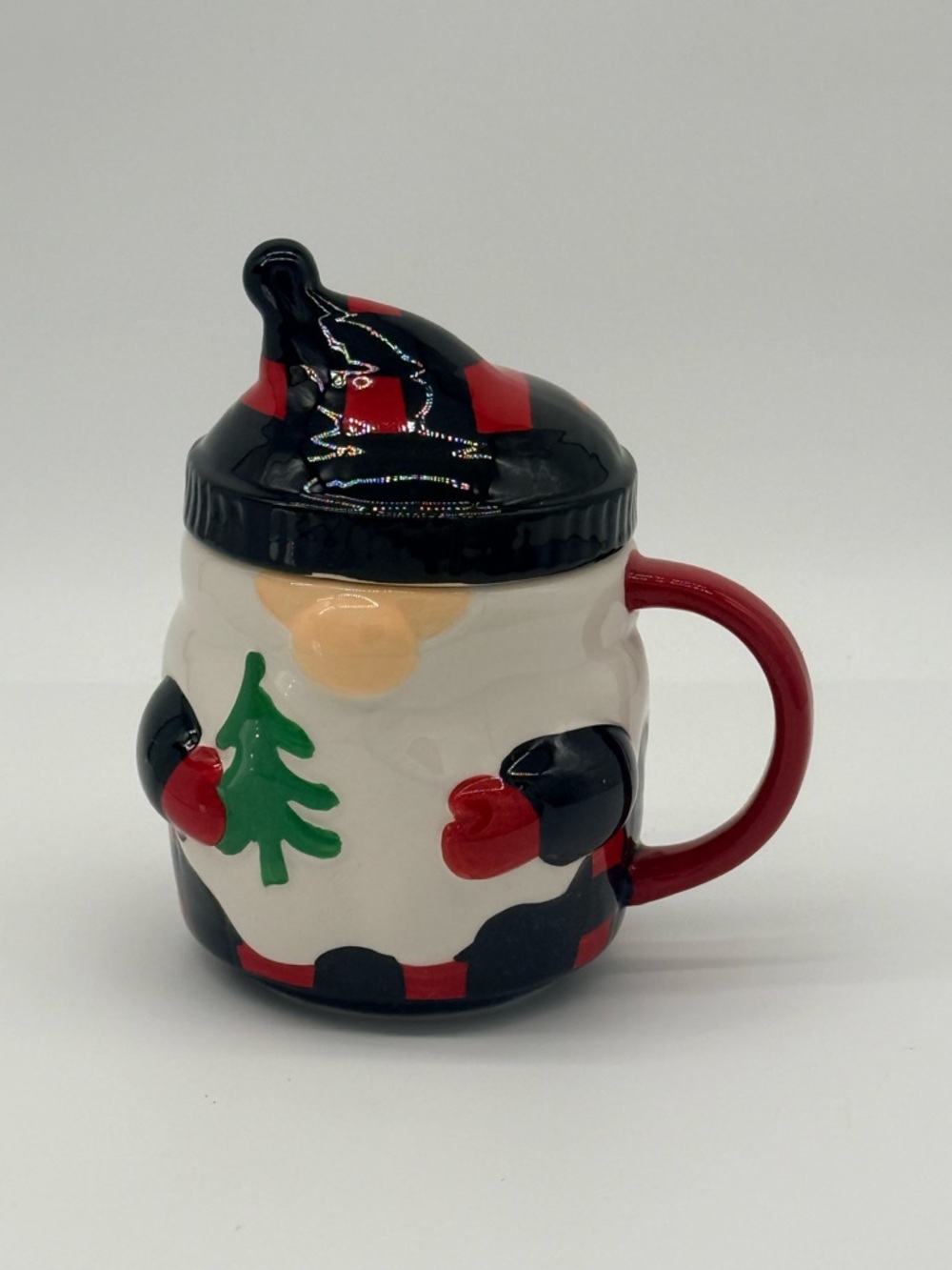 Red & Black Holiday Gnome Ceramic Mug with Lid